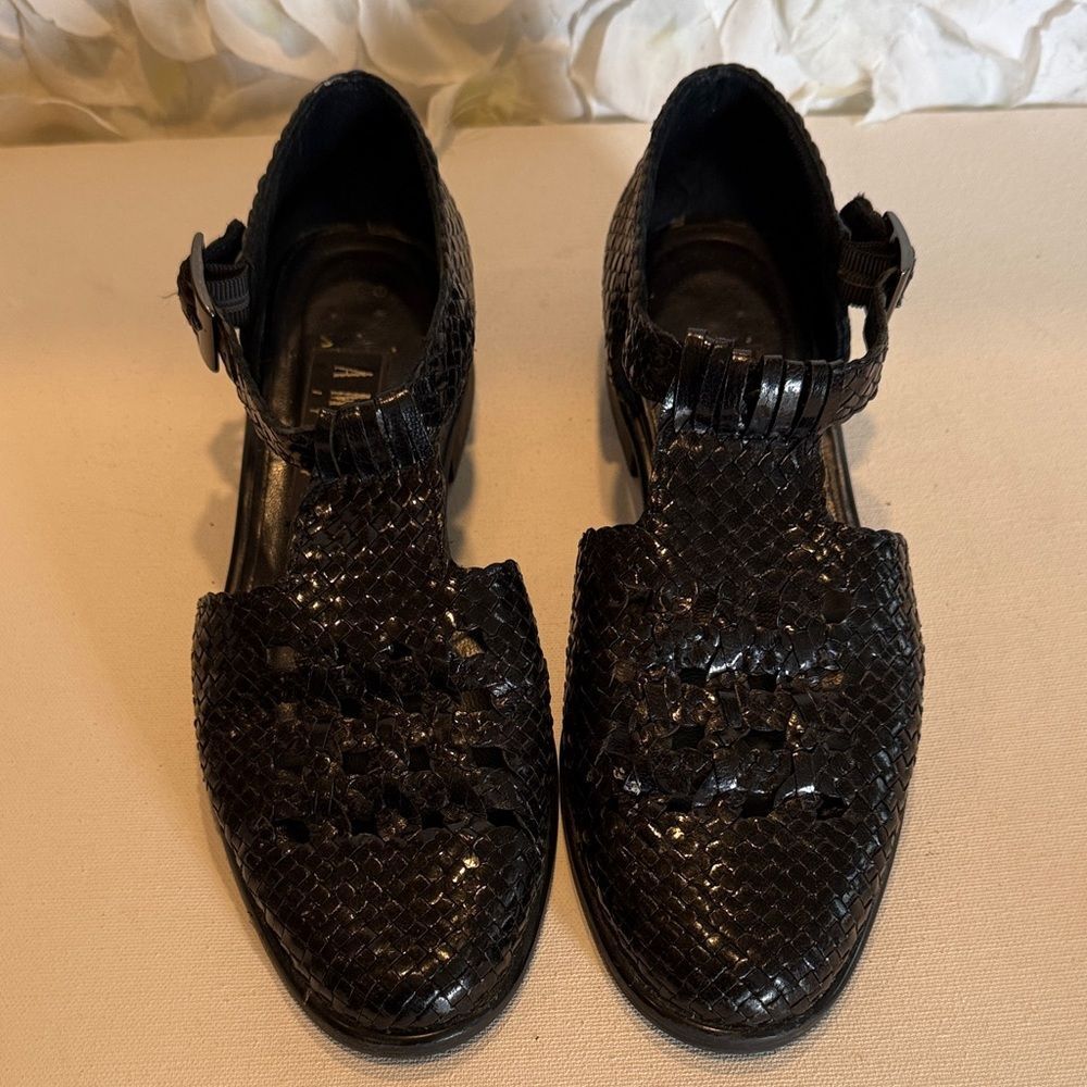 Amalfi Black Woven Leather Closed-Toe Flat with Ankle Strap